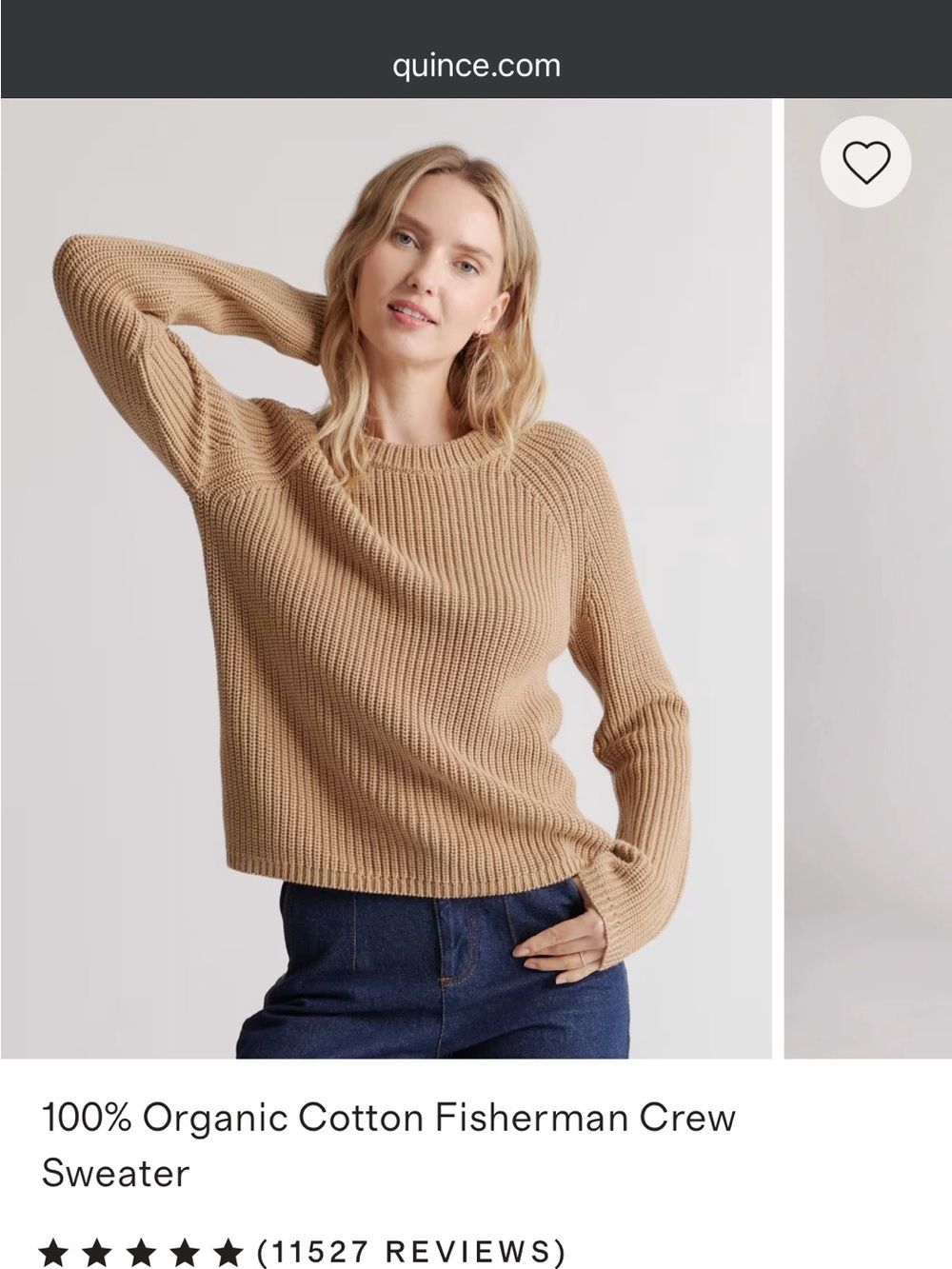Quince Organic Cotton Fisherman Crew Sweater in Camel